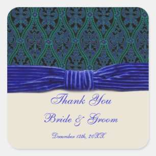 Blauer Damast und Hochzeitskleber Quadratischer Aufkleber