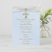 Blauer Damast, weißes Band- und Goldkreuz Einladung (Stehend Vorderseite)