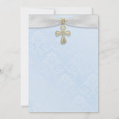 Blauer Damast, weißes Band- und Goldkreuz Einladung (Rückseite)