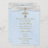 Blauer Damast, weißes Band- und Goldkreuz Einladung (Vorne/Hinten)