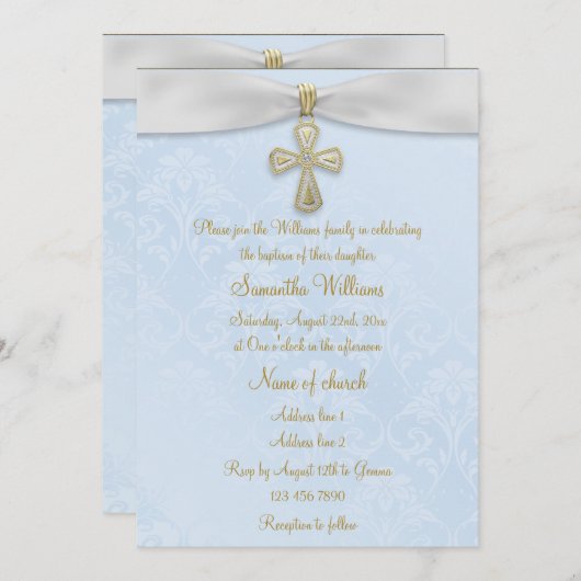 Blauer Damast, weißes Band- und Goldkreuz Einladung (Vorne/Hinten)