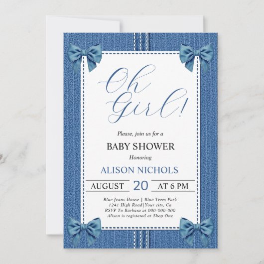 Blauer Damm mit Nähte und Bogen, Mädchen-Dusche Einladung (Vorderseite)