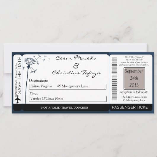 Blauer Dandeli Boarding Pass Hochzeit Einladung (Vorderseite)