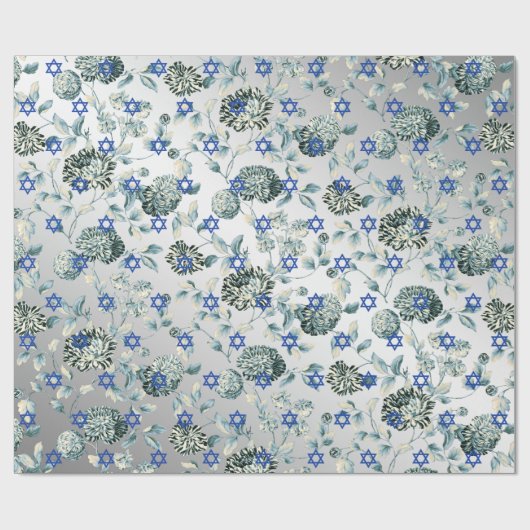Blauer Davidsstern Silbernes grünes BlumenToile Geschenkpapier (Flach)