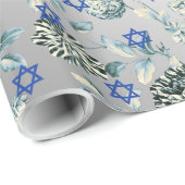 Blauer Davidsstern Silbernes grünes BlumenToile Geschenkpapier (Rolleneckpunkt)
