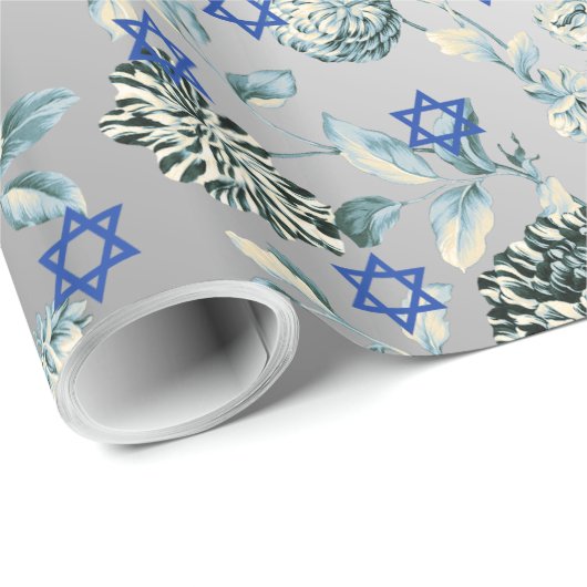 Blauer Davidsstern Silbernes grünes BlumenToile Geschenkpapier (Rolleneckpunkt)