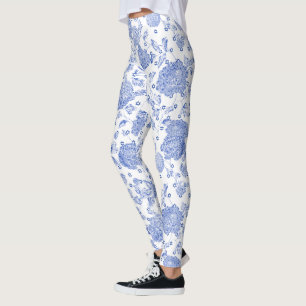 Blauer Davidstern Blau Weiße Floral Toile Weiß Leggings