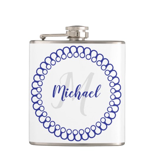 Blauer dekorativer Circle Monogram Flask Flachmann (Vorderseite)