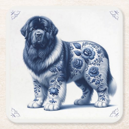 Blauer Delft Landseer Newfoundländer Rechteckiger Pappuntersetzer (Vorderseite)