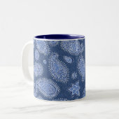 Blauer Denim Paisley Pattern Boho Zweifarbige Tasse (Vorderseite Links)