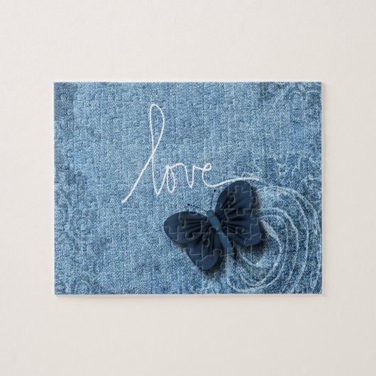 Blauer Denim-Schmetterlings-Liebe-Bonbon Puzzle (Horizontal)