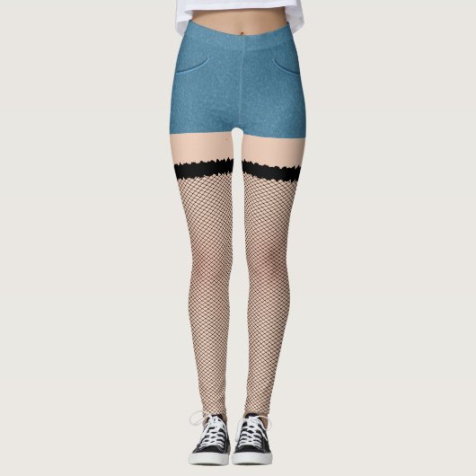 Blauer Denim Shorts mit Fischnetzschwärmen Leggings (Vorderseite)