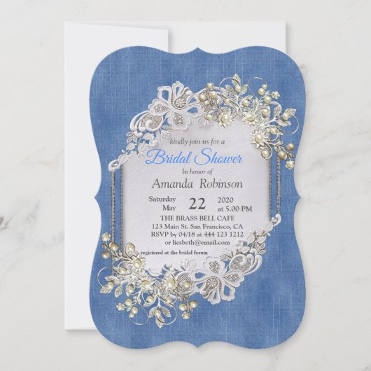 Blauer Denim, Spitze - Elfenbeinperlen Einladung (Vorderseite)