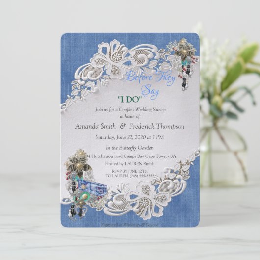 Blauer Denim, Spitzen- und Kostümschmuck Einladung (Stehend Vorderseite)