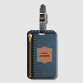 Blauer Denim Stoff mit Zip und Label Jean Stoff Gepäckanhänger (Vorderseite Vertikal)