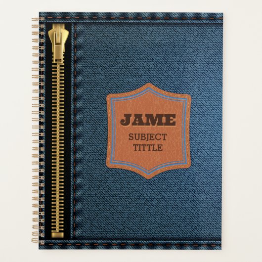 Blauer Denim Stoff mit Zip und Label Jean Stoff Planer (Vorderseite)