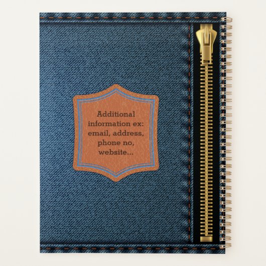 Blauer Denim Stoff mit Zip und Label Jean Stoff Planer (Rückseite)