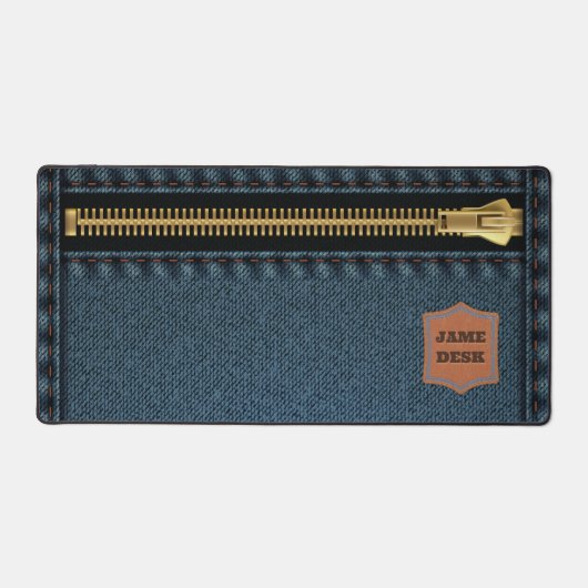 Blauer Denim Stoff mit Zip und Label Jean Stoff Schreibtischunterlage (Vorderseite)