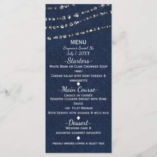 Blauer Denim- und Diamant-Funkel-Bling-Party-Menü Menükarte