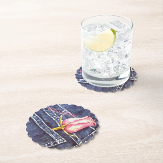 Blauer Denim und Rosa Blütenblume Untersetzer (Vor Ort)