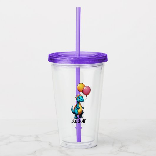 Blauer Dinosaurier mit Ballons Acryltrinkbecher (Vorderseite)