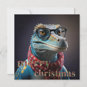 Blauer Dinosaurier mit einem Weihnachts-Schal Feiertagskarte