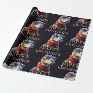 Blauer Dinosaurier mit einem Weihnachtsschal Geschenkpapier