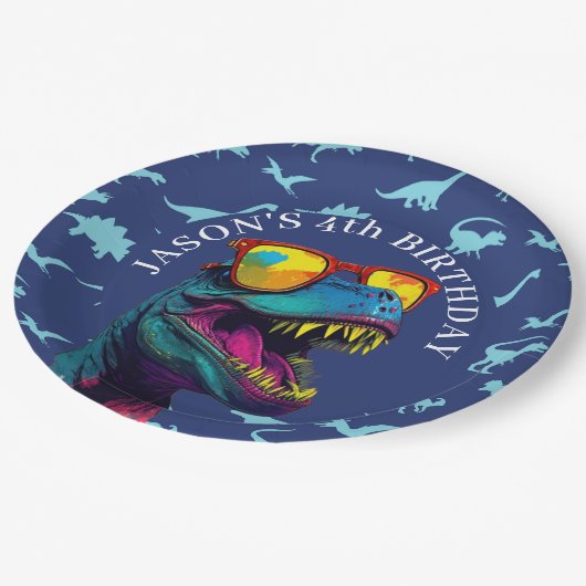 Blauer Dinosaurier Pappteller (Schrägansicht)