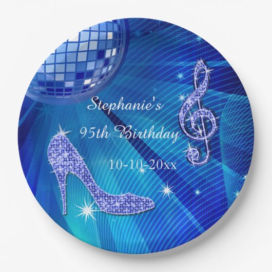 Blauer Disco-Ball und Heels-95. Geburtstag Pappteller (Vorderseite)