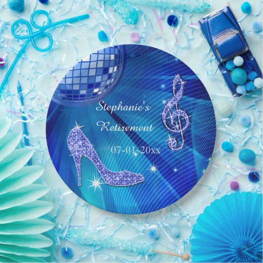 Blauer Disco-Ball-und Heels-Ruhestand Pappteller (Party)