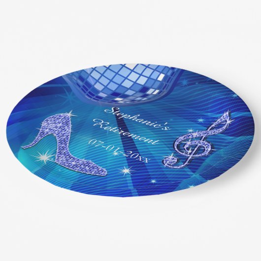 Blauer Disco-Ball-und Heels-Ruhestand Pappteller (Schrägansicht)