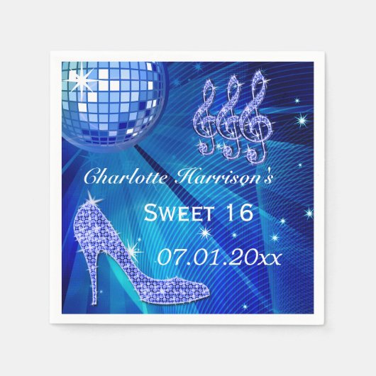 Blauer Disco-Ball und Schein-Heels-Bonbon 16 Serviette (Vorderseite)