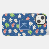 Blauer Ditsy Floral Monogram iPhone Hülle (Rückseite (Horizontal))