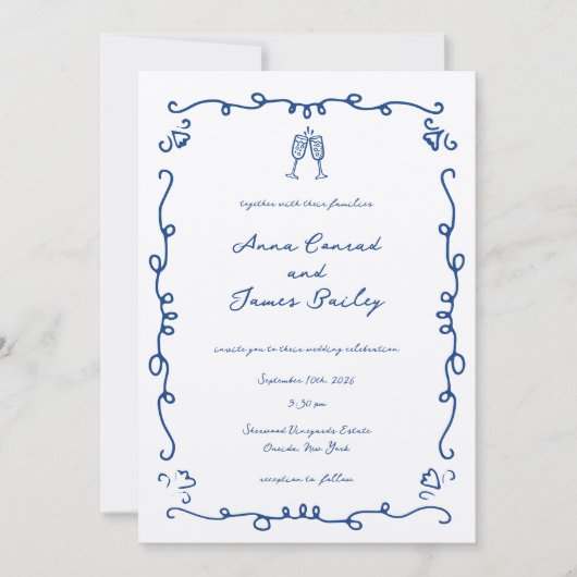 Blauer Doodle-Rahmen Hochzeit Einladung (Vorderseite)