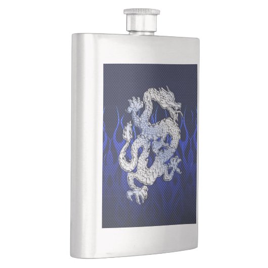 Blauer Drache im Chrom-Kohlenstoff, der Flammen Flachmann (Rechts)