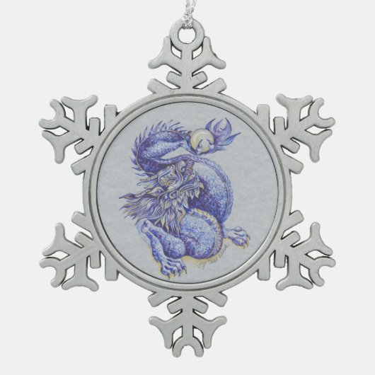 Blauer Drache Schneeflocken Zinn-Ornament (Vorderseite)