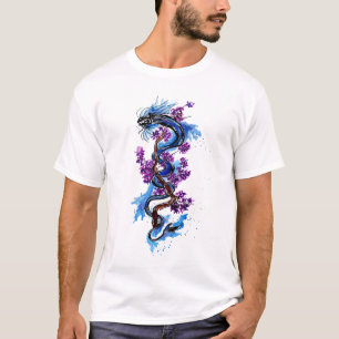 Blauer Drache und Lila Blüten T-Shirt