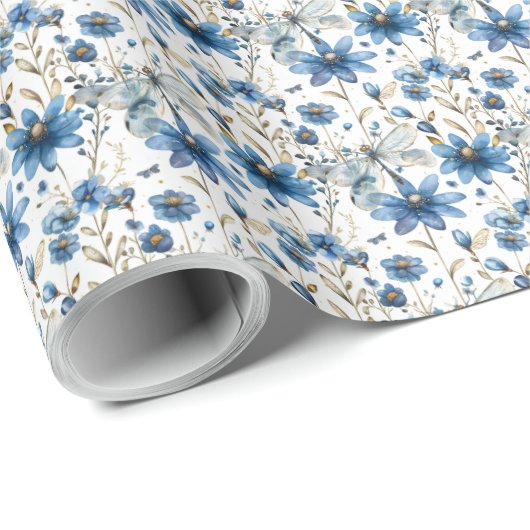 Blauer Drachenfliege und Blume Blumengiftwrap Geschenkpapier (Rolleneckpunkt)