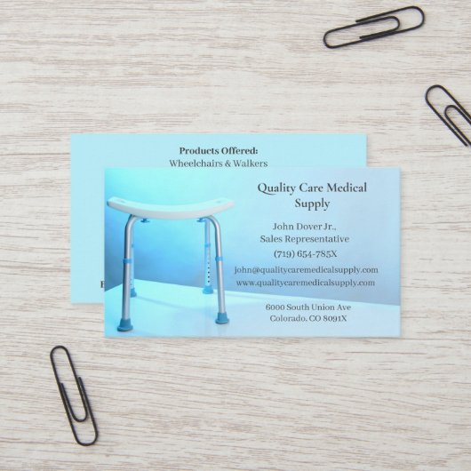Blauer Duschstuhl medizinische Betreuung Visitenkarte (Vorderseite/Rückseite Beispiel)