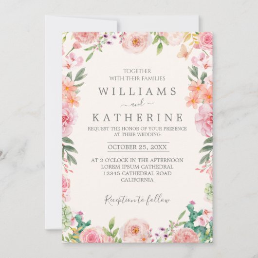 Blauer Dusty Blush Pink & Peach Floral Wedding Einladung (Vorderseite)