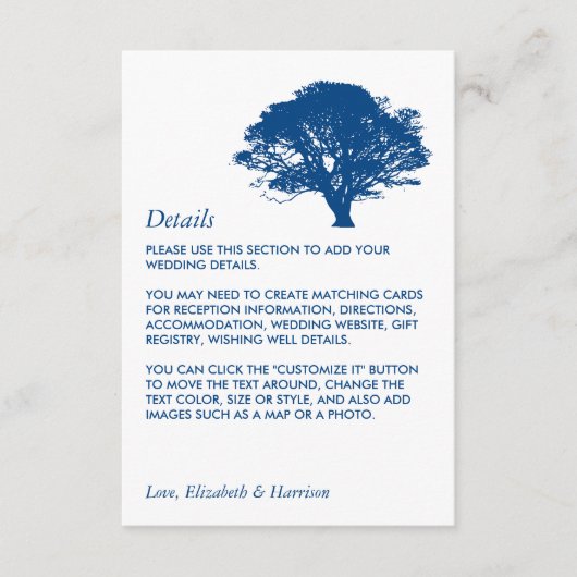 Blauer Eichenbaum, rustikale/minimalistische Hochz Begleitkarte (Vorderseite)