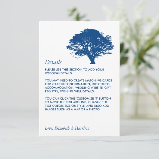 Blauer Eichenbaum, rustikale/minimalistische Hochz Begleitkarte (Stehend Vorderseite)