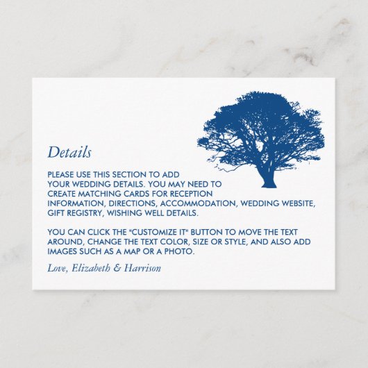 Blauer Eichenbaum, rustikale/minimalistische Hochz Begleitkarte (Vorderseite)