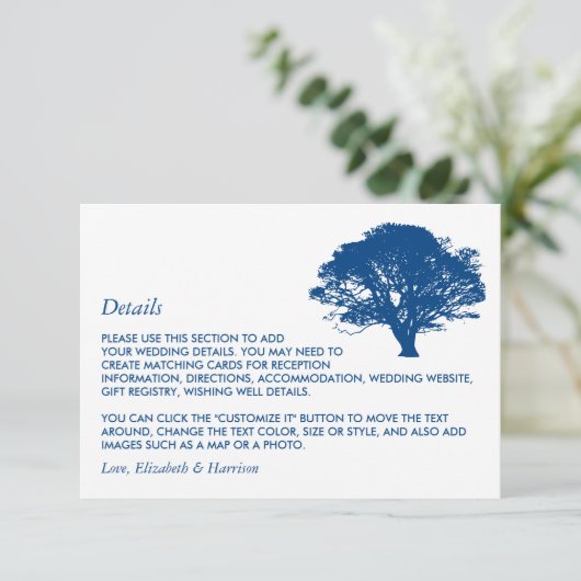 Blauer Eichenbaum, rustikale/minimalistische Hochz Begleitkarte (Stehend Vorderseite)