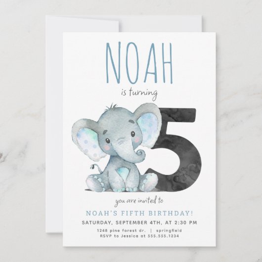 Blauer Elefant 5. Geburtstag Einladung (Vorderseite)