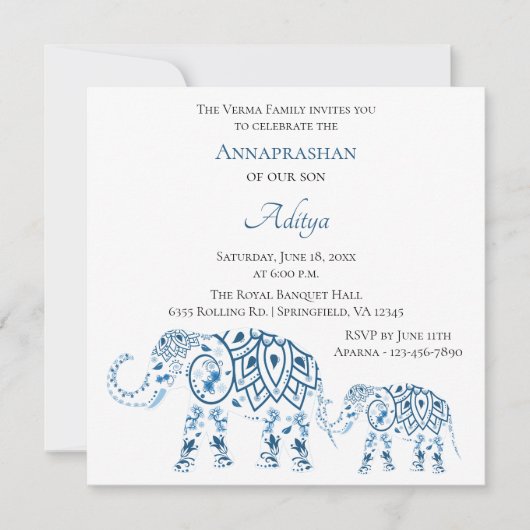 Blauer Elefant Annaprashan| Erster Reis Einladung (Vorderseite)