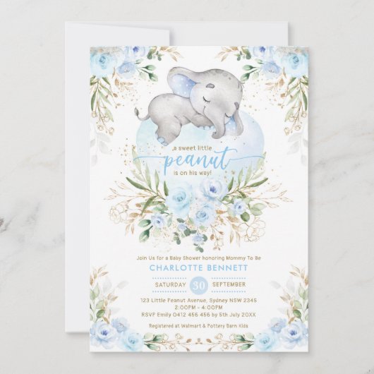 Blauer Elefant Baby Dusche Einladung (Vorderseite)