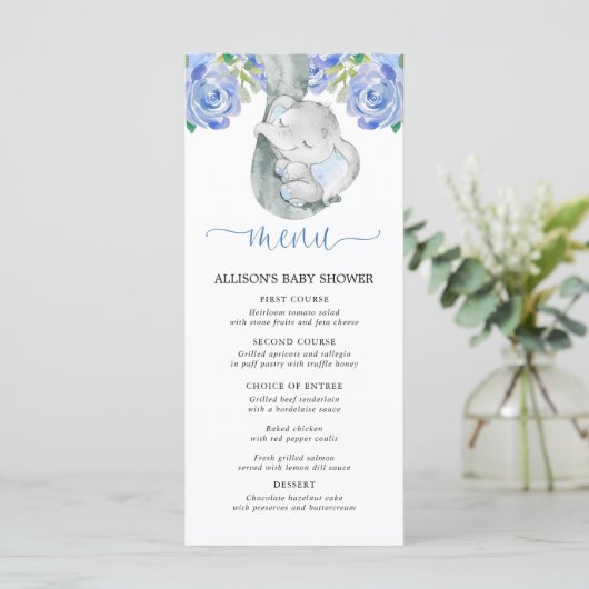 Blauer Elefant Blütenfarbe Babydusche Menü Programm (Stehend Vorderseite)