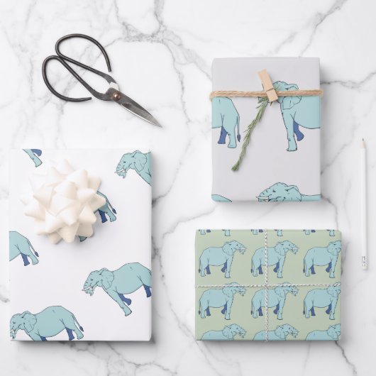 Blauer Elefant Geschenkpapier Set (Vorderseite)