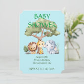 Blauer Elefant Giraffe Löwe Baby Shower Save The Date (Stehend Vorderseite)